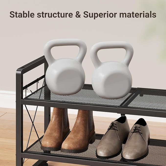 ELYKEN Shoe Rack, 4-Tier Expandable Shoe Organizer for Closet, Metal Black Shoe Shelf with 8 Hooks, Adjustable Shoe Stand Holder for Entryway, Garage, Door Entrance