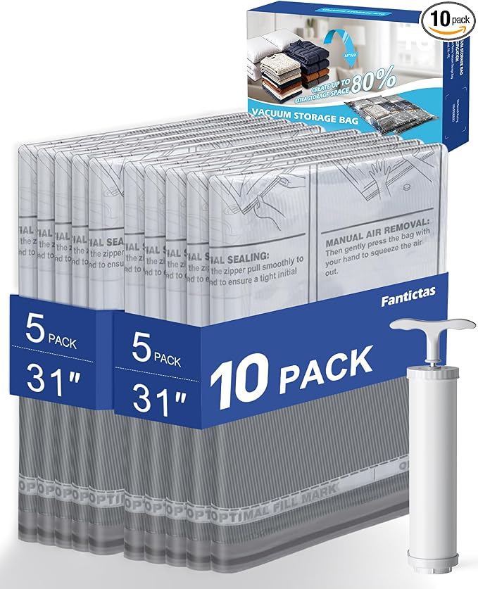 Fantictas Vacuum Storage Bags, 10 Small Space Saver Bags with Hand Pump 80% Space Saver Vacuum Seal Bags Vacuum Seal Compression Bags for Clothes, Travel Luggage, Closet, Dorm, Moving