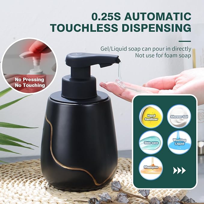 BosilunLife Ceramic Touchless Soap Dispenser Rechargeable Black 17 oz | Black Ceramic Touchless Soap Dispenser Infrared Sensor 0.25s Auto Pump USB-C Rechargeable 1800mAh 17 oz Wide-Mouth Refill
