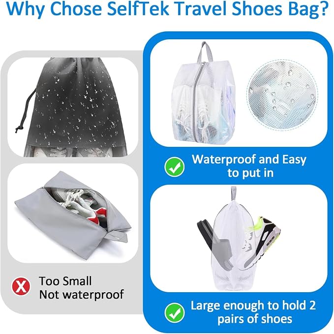 SelfTek Shoe Bags for Travel, 3 Pack 3 Size Double-Sided Zipper Shoe Bag for Men & Women, Waterproof Portable Shoe Storage Pouch with Handle, Family Travel Accessories