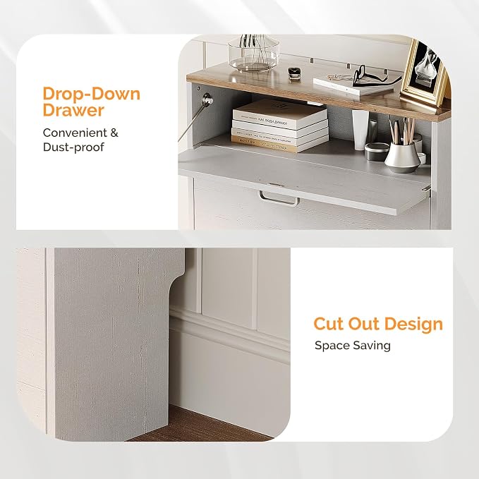 VINGLI Shoe Cabinet Storage for Entryway Ultra Slim with 2 Flip &1Drop-Down Drawers, 24.8" W Narrow Shoe Cabinet for Front Door Entrance,Freestanding Rustic White Wood Shoes Organizer for Hallway
