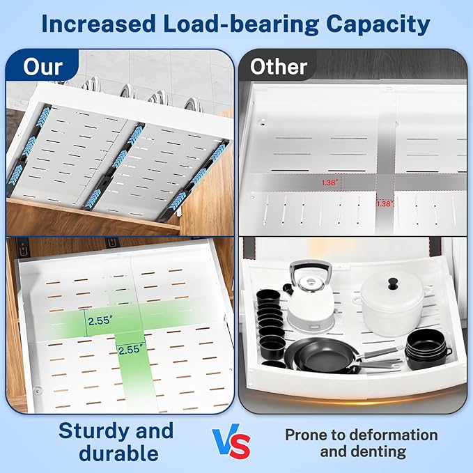 Insputer Pull Out Cabinet Organizer Expandable (12.4"-20.08")W & (16.26"-22.44")D, No Drill Slide Out Drawers with 3 Slide Rails, 2Pcs Magnetic Panel, Adhesive Roll Out Shelf for Kitchen, Pantry White