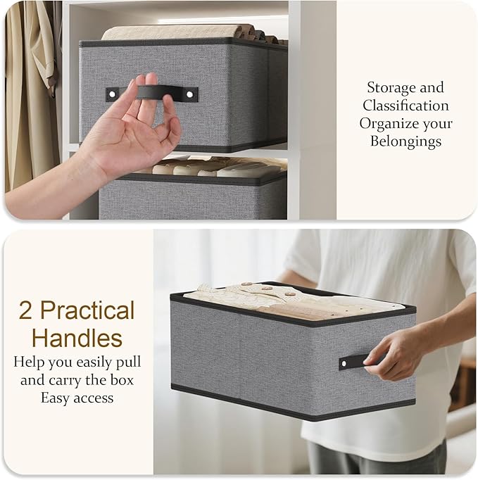 Fabric Storage Boxes, 16.1 × 9.8 × 6.5 Inch Storage Baskets with Handles, Foldable Cube Organizer Bins,Gray, Large, 4-Pack