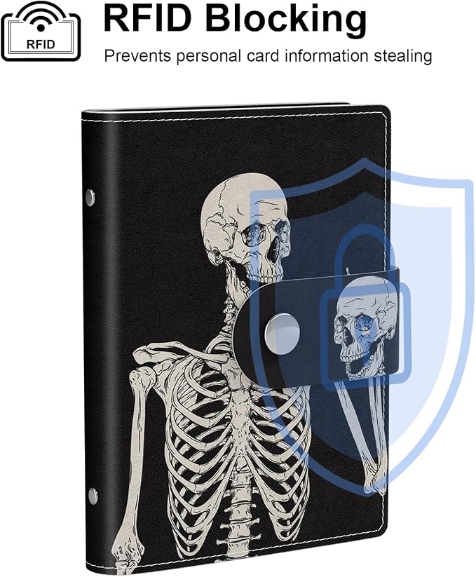 Rouidr Business Card Organizer, RFID Business Card Holder, Small Slim Leather Cards Book, Pocket Name Card Holder Wallet for Women, Skull