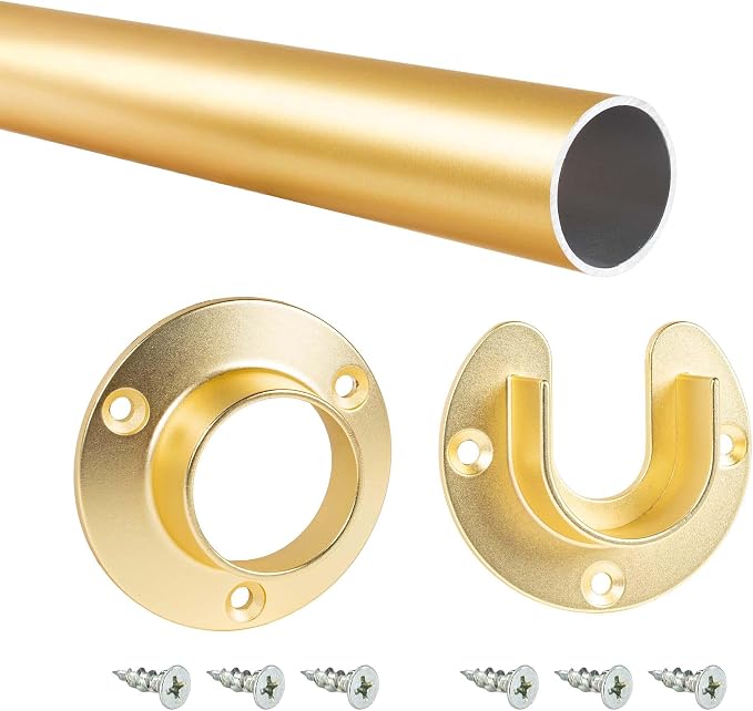 Outwater 48" Satin Brass Aluminum Closet Rod Kit – 1-5/16" Diameter with Matching U & O Flanges and Mounting Screws