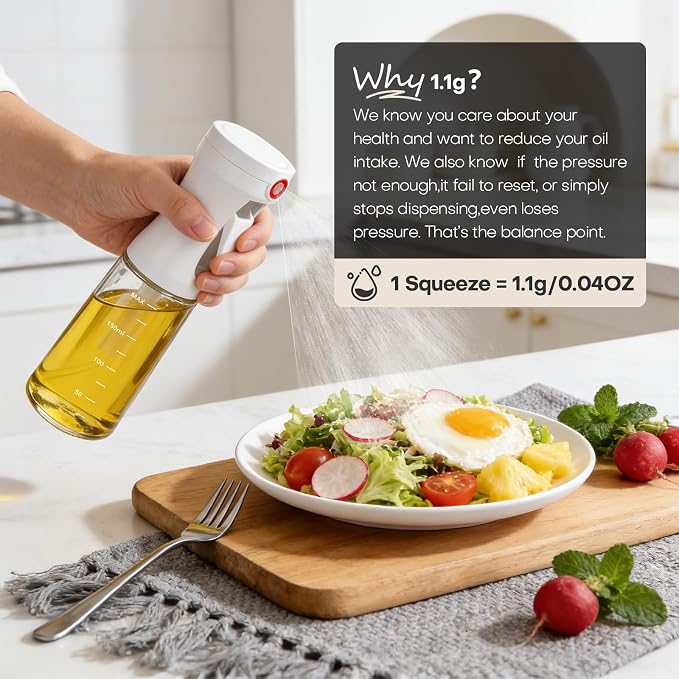 Oil Sprayer for Cooking,Glass Olive Oil Mister Spray Bottle,1g Per Press Portion Control,Patented Wide Fan Mist,Anti-Clog Filter–Reusable Oil Spritzer Dispenser for Air Fryer,Salad, BBQ, Grilling