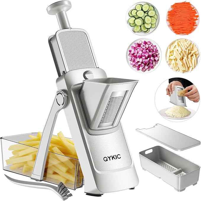 QYKIC Upgrade Safe Mandoline Slicer,Vegetable Chopper,Potato Slicer, Onion Chopper with Drain Basket Storage Container, Cheese Grater Kitchen Chopping Artifact (SliverGray)