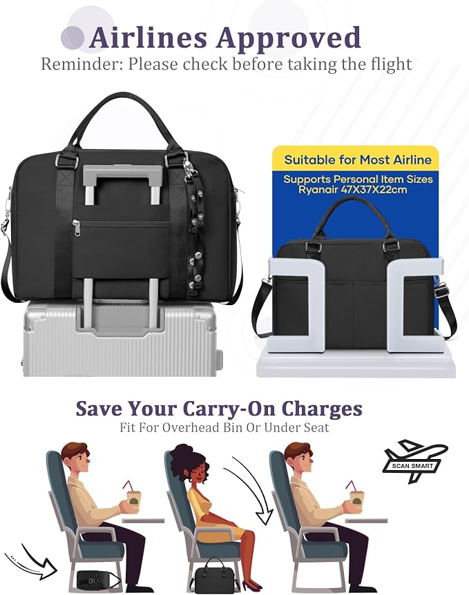 Gym Bag for Women,Travel Duffle Bag for Travel with Wet Pocket Weekender Overnight Carry On Tote Bag Luggage Bag with Trolley Sleeve Personal Item Travel Bag Hospital Diaper Bag Black