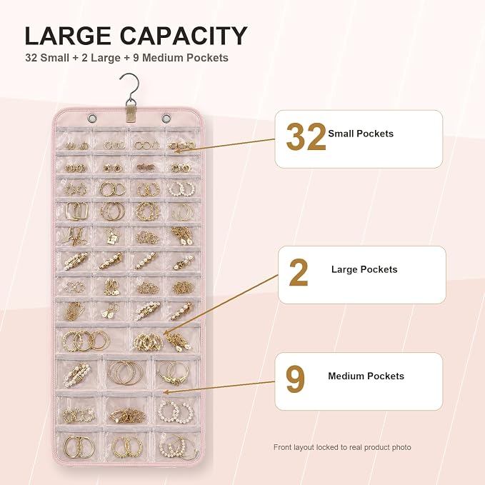 Hanging Jewelry Organizer, Dual-Sided Necklace Holder with Multiple Clear Pockets - Wall Mount & Over The Door Closet Storage for Earrings, Rings, Bracelets - 360° Rotating Hanger (1, pink, XL)
