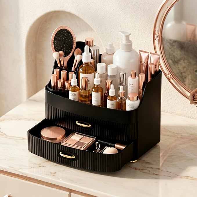 Makeup Organizer for Countertop Vanity Skincare Storage for Perfume Lipstick Bathroom Dresser Desk with Drawers And Brush Holder (Black)