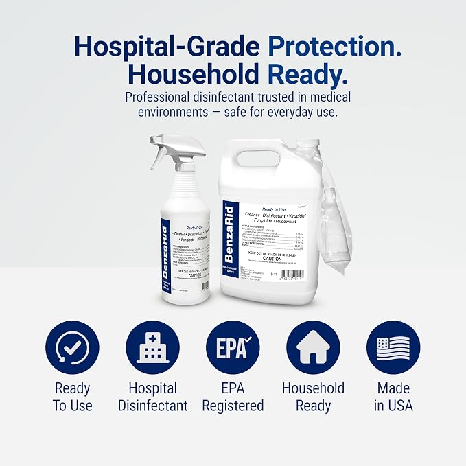 BenzaRid Hospital Disinfectant Virucide Spray Kills 99.99% of MRSA, COVID-19, H5N1, Staph, Avian Flu, Bacteria & Mold | EPA Reg. for Medical, Dental, Veterinary, Farm & Home Use 32 oz