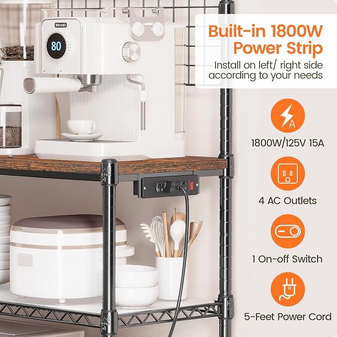 Bakers Rack with Power Outlet & Storage,36In Microwave Stand Kitchen Cart | 4-Tier Metal Kitchen Shelves Cart with Wheels & 20 S-Hooks for Kitchen, NSF Certified, 63 x 18 x 36 Inch-Black