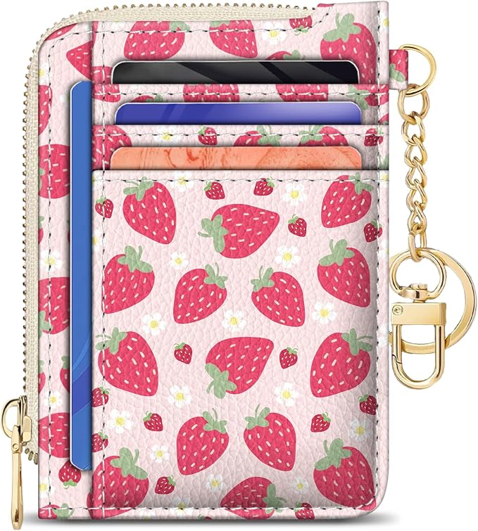 GIANCOMICS Slim Wallet Credit Card Holder Women, Strawberry Rfid Blocking Small Card Case, Keychain Thin Pocket Curved Zipper Wallet, Travel Card Holder PU Leather ID Window, Ladies Female Gifts