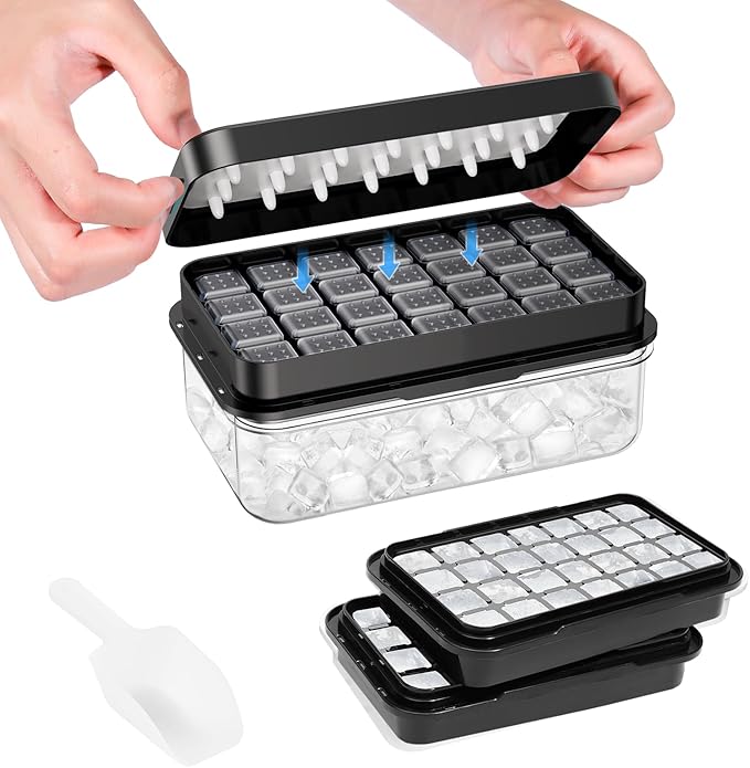 0.8“ Ice Cube Tray with Lid and Bin, PHINOX 56 Cubes Ice Trays for Freezer, Ice Cube Trays for Freezer with 2 trays, Container, Lid & Ice Scoop, BPA Free, Black(28Cubes/Tier)