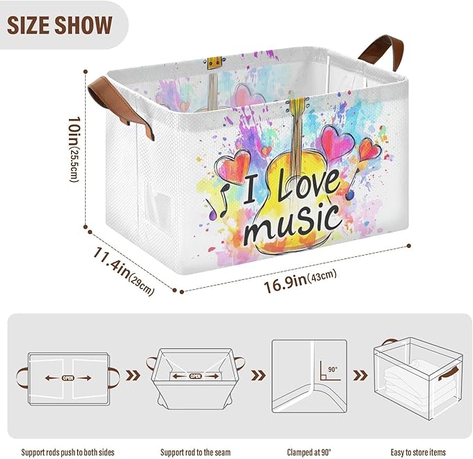 I Love Music Quoted Musical Guitar Storage Basket Foldable Cube Storage Bins with Handles&Label Collapsible Organizer Box Bin Large Rectangle Decorative Baskets for Shelves Home Living Room Closet
