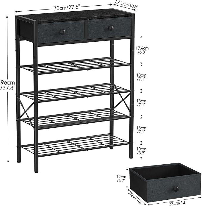 Shoe Rack for Entryway, 5 Tier Shoe Organizer with 2 Non-Woven Drawers, Metal Storage Shoe Shelf for 16-20 Pairs of Shoes, with Wooden Top and Steel Frame, Shoe Stand for Closet Black Grey