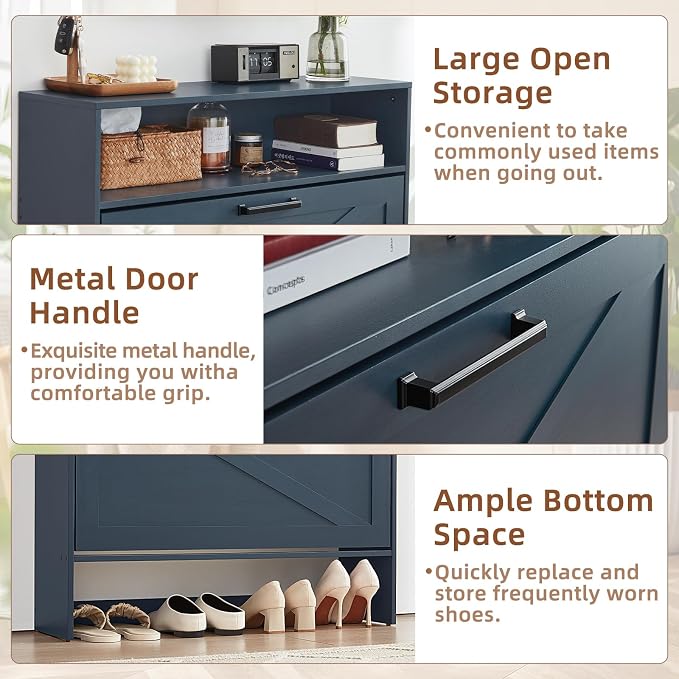 RWYHG Shoe Cabinet Storage for Entryway with 2 Flip Drawers Open Storage Layer Rack Narrow Organizer Slim Hidden Wood Shoe Cabinet Furniture Blue