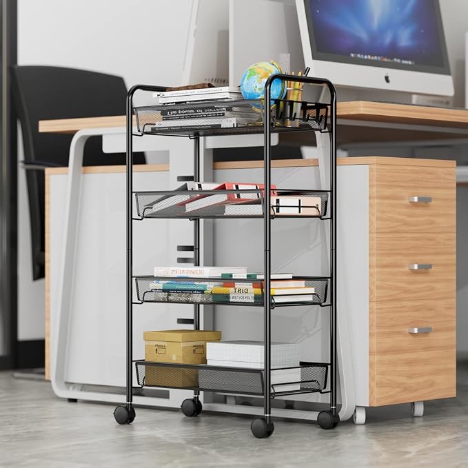 4-Tier Mesh Rolling Cart - 35 BLS/Tier Full Metal Cart with Wheel & 4 Hooks | Space-Saving 140bls Capacity Storage Organizer Crafts Utility Cart for Kitchen Pantry Office Bathroom Laundry Nursery, Black