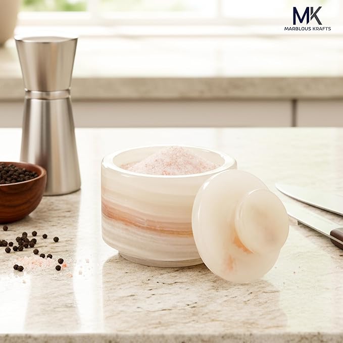 MARBLOUS KRAFTS Marble Salt Cellar 3 Inch White Onyx Salt Holder With Lid for Spice Jar & Stone Salt Container, Modern Sugar Bowl