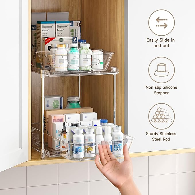 MHHA 2 Pack Bathroom Cabinet Organizer, 2 Tier Clear Under Sink Organizers and Storage Medicine Cabinet Organizer with Dividers, Pull Out Kitchen Pantry Shelf Cupboard Closet Vanity Organization Bins