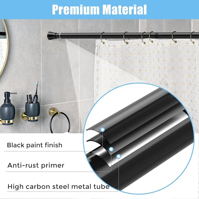 AIZESI 4PCS Black Shower Curtain Rod 30-64 Inch Adjustable Curtain Rods Never Rust & Non-Slip, No Drilling, Short Shower Rods Spring Tension Curtain Rod for Window Bathroom Doorway Closet