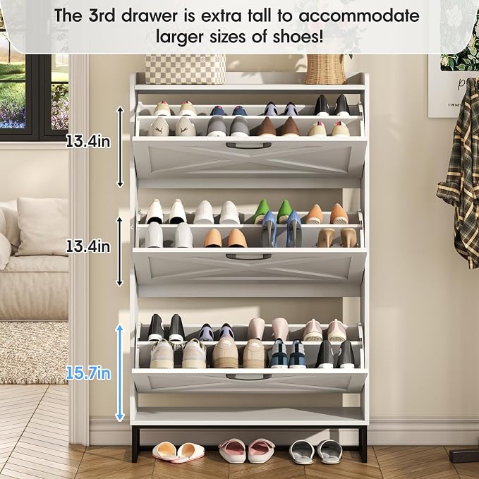 Maupvit Shoe Storage Cabinet with 3 Flip Drawers, Freestanding Organizer with Metal Legs for Entryway, Narrow Shoe Rack Cabinet, White