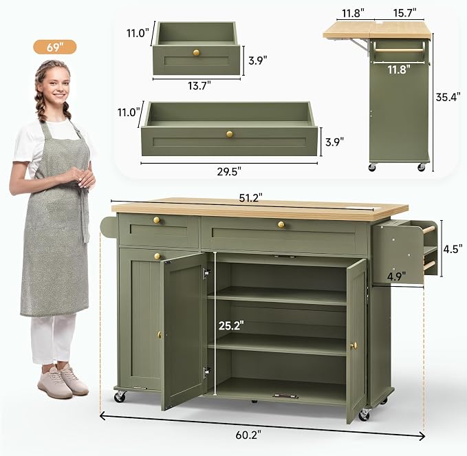ONBRILL 60" Kitchen Island with Power Outlet & Drop Leaf, Rolling Island with Spice Rack & Towel Rack, Kitchen Island Cart with Trash Storage Cabinet, Island Table for Kitchen, Green