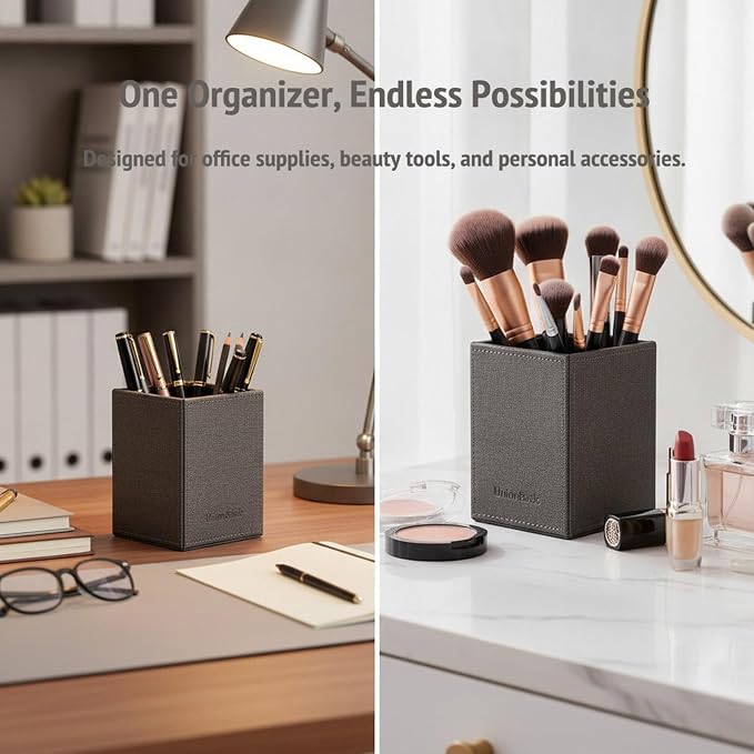 UnionBasic Square Pen Holder, Faux Leather Pencil Cup, Desktop Caddy Stationery Organizer, Barry Grey | Faux Leather, Pencil Cup, Desktop Caddy, Stationery Organizer
