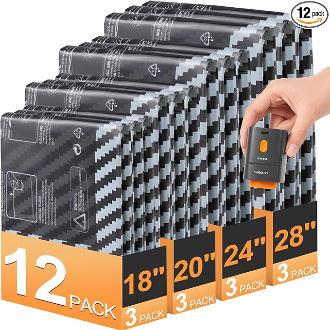Vacuum Storage Bags for Travel with Rechargeable Pump, Carry on Size Compression Packing Cubes for Luggage and Suitcase, Space Saver Vacuum Seal Bags for Clothing and Clothes, 12 Combo, 4 Travel Sizes