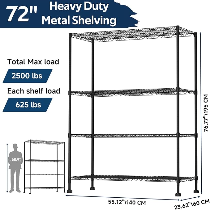 Whitmor 4 Tier Storage Shelves with Wheels, Heavy Duty Metal Shelving Unit, 625 lbs Capacity per Shelf, 2500 lbs Total for Kitchen, Garage, Plant, 55" L x 24" W x 72" H, Black