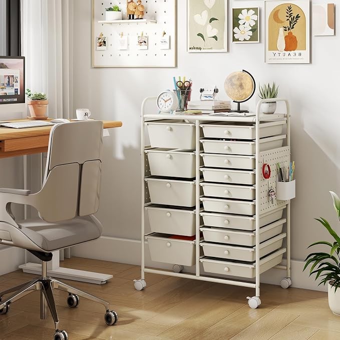 DREAMADE 15-Drawer Rolling Storage Cart, Craft Organizer Cart, White | Mobile Utility Cart with Metal Pegboard Panels, Tabletop and Lockable Wheels for Classroom, Office, Studio and Playroom