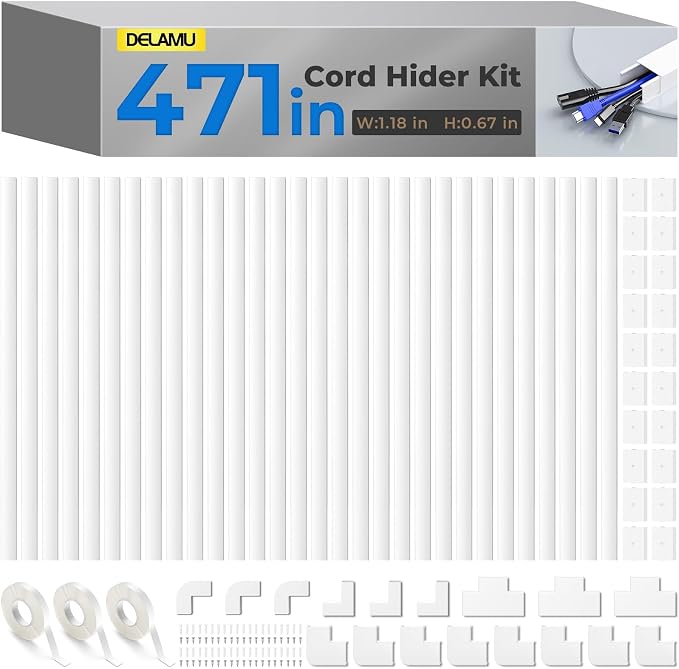 Delamu Cord Hider, 471in Total Cord Covers for Wires on Wall, Paintable Cable Cover for Wall Mounted TV, Easy Install Cable Raceways to Hide 3-4 Cords, 30 Pack, Each 15.7"L x 1.18"W x 0.67"H, White