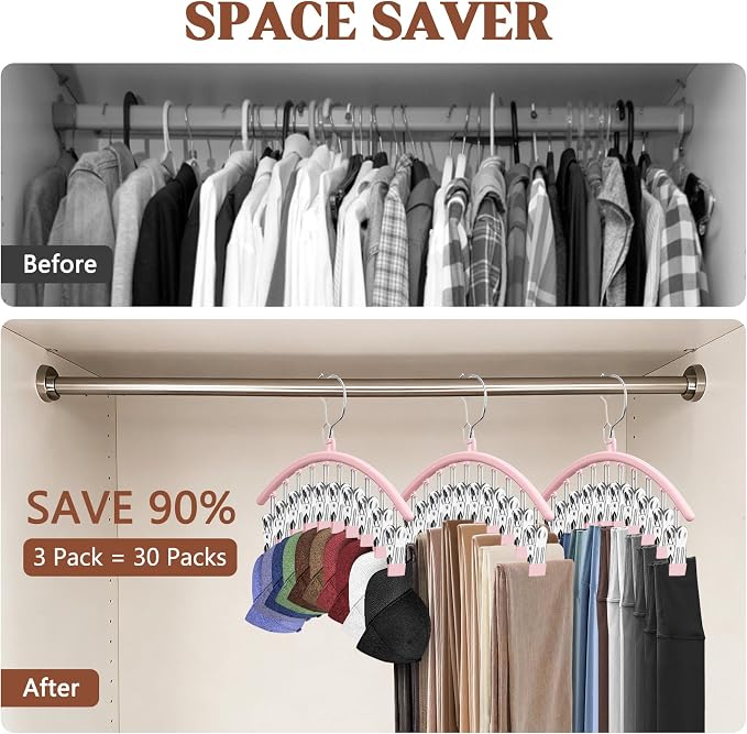 3 Pack Hat Hangers for Closet, Metal Hat Organizer for Baseball Caps | Hats Rack Holder for Closet with 30 Clips, Hats Storage for Baseball Caps Beanie Accessories Men Women, Pink