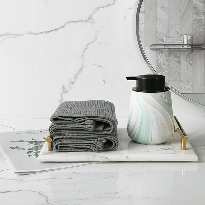 12Oz Ceramic Liquid Soap Dispenser - Modern Lotion Hand Soap Dispenser with Easy-to-Press Black Pump, Reusable and Refillable Dish Soap Dispensers for Bathroom & Kitchen, Marble Green