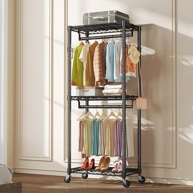 OLIXIS Clothes Rack Heavy Duty Adjustable Garment Clothing Rack with Wheels, Rolling Metal Freestanding Closet Organizer for Hanging Clothes with 2 Side Hooks, Double Rods, 29.5"x15.7"x75.6", Black