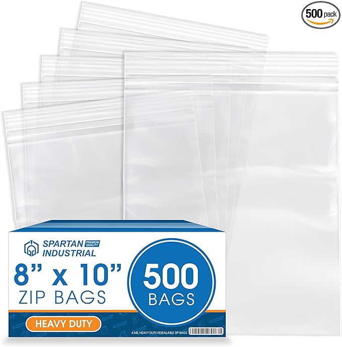 Spartan Industrial - 8” X 10” (500 Count) Thick 4 Mil Clear Reclosable Zip Plastic Poly Bags with Resealable Lock Seal Zipper - Heavy Duty and Durable