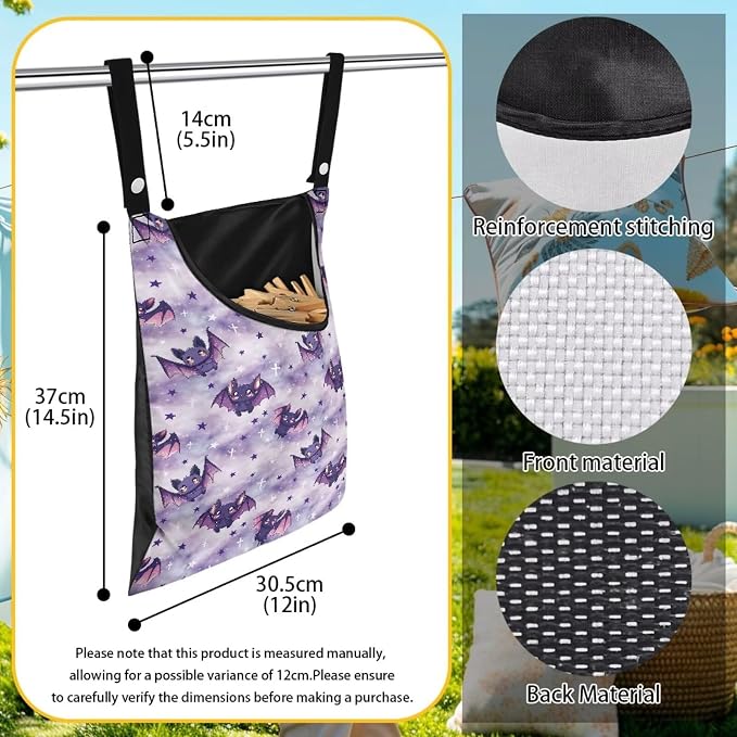 Purple Bat Clothespin Bag Space-Saving Laundry Hanging Storage Organizer Clothes Pin Hanging Bag with Rope Holds 100 Clothes Pins for Clothesline Outdoor Clothespin Accessory Bag