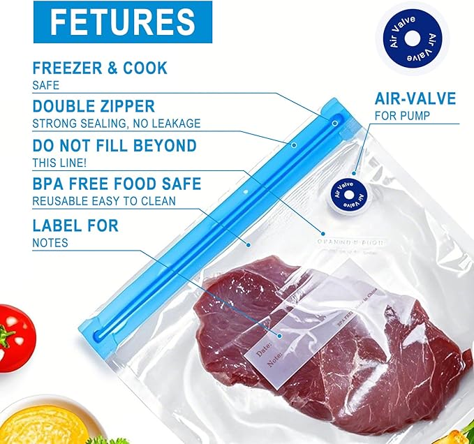 Reusable Sous Vide Bags 53Pcs BPA-Free, Ideal for Freshness Preservation, 45 Zipper Bags, 3 Seal Clips ＆ 5 Cooking Clips, Heat-Resistant & Leakproof (10x11in)