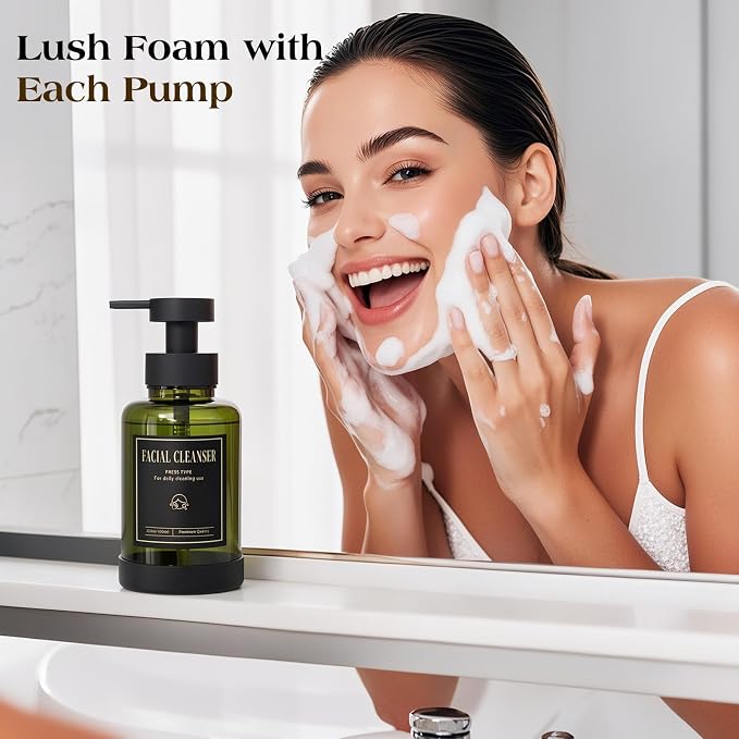 Luxspire Foaming Soap Dispenser, Glass Foam Pump Soap Dispenser, Non-Slip Hand Soap Container with 5 Waterproof Labels, 15 Oz Refillable Liquid Soap Holder for Bathroom & Kitchen, Olive Green, 2 Pack