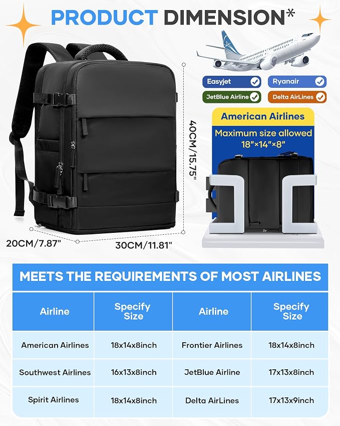 coofay Black Travel Backpack Carry on Flight Approved Mochila De Viaje Personal Item Backpack for Airlines Frontier Airlines Personal Item Bag Large Backpack for Travel Backpacks for Men Women