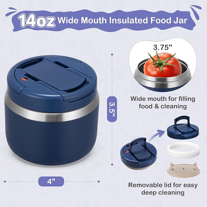 MAXSO 14oz Vacuum Insulated Food Jar with Spoon Buckle Lid, Kids Soup Thermo for Hot Food Wide Mouth Leakproof Stainless Steel Lunch Container - Navy Blue