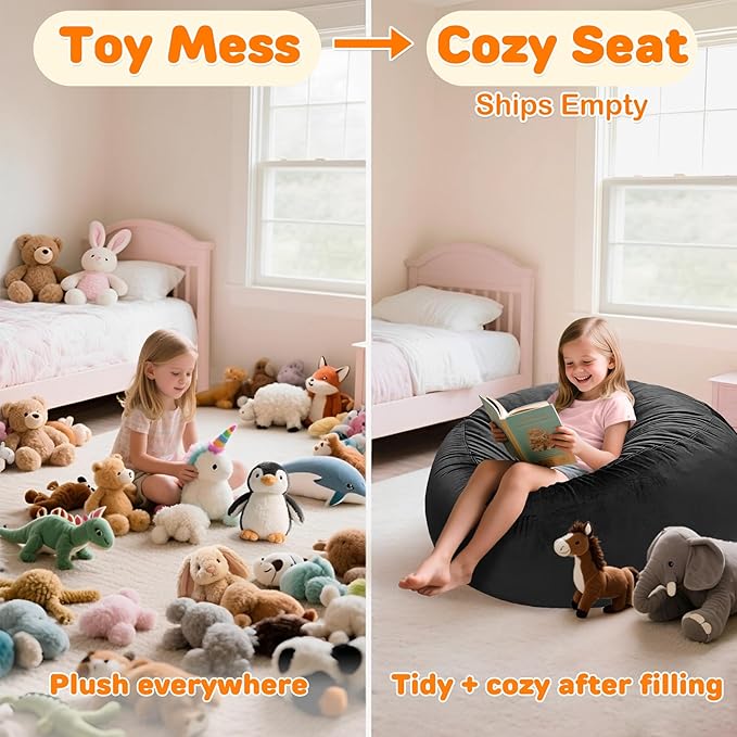 Lukeight Stuffed Animals Storage Bean Bag Chair Cover Only (Ships Empty, No Filling) - Velvet YKK Zipper Beanbag Cover for Kids and Big kids, Washable Plush Toy Organizer, X-Large 30" D x 18" H