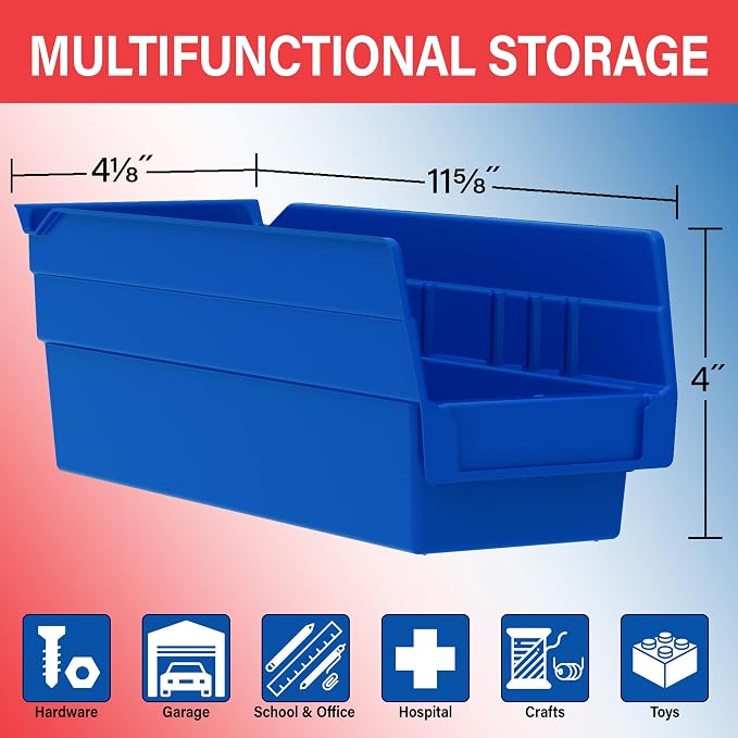 Akro-Mils 30120 Plastic Shelf Bins, Heavy Duty Storage Bins for Garage, Closet, and Drawer Organization, 12" x 4" x 4", Red, 24-Pack