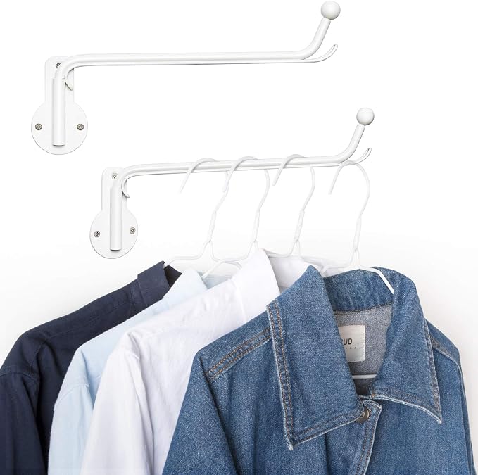 Mkono Wall Mounted Drying Rack Laundry Hook with Swing Arm Valet Rod 2 Pack | White, Laundry Room Organization, Space Saving, Foldable, Easy Install, Wall Clothes Hanger, Closet Bathroom Bedroom Organize