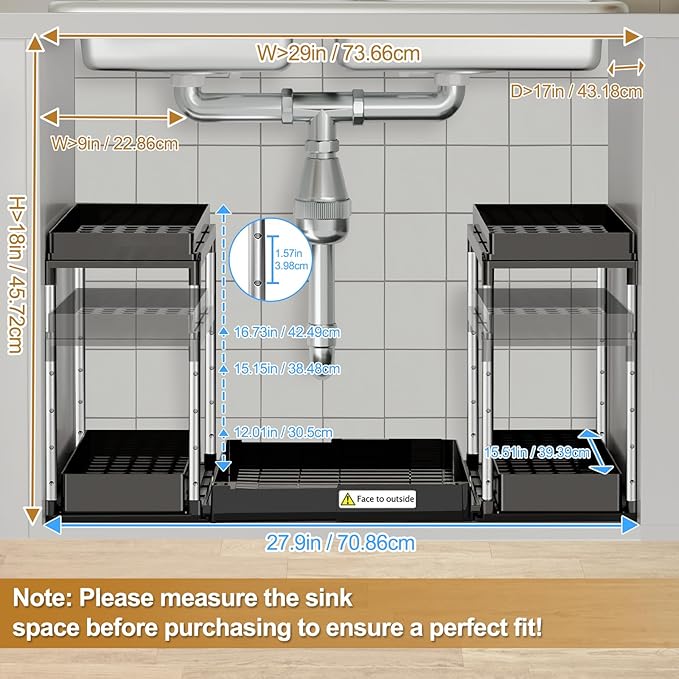 NIUXX Expandable Under Sink Organizer: 2 Tier Height Adjustable Under Cabinet Organizer - Double Pull Out Shelf Under Sink Storage for Kitchen - Bathroom and Laundry Room - Space Saving
