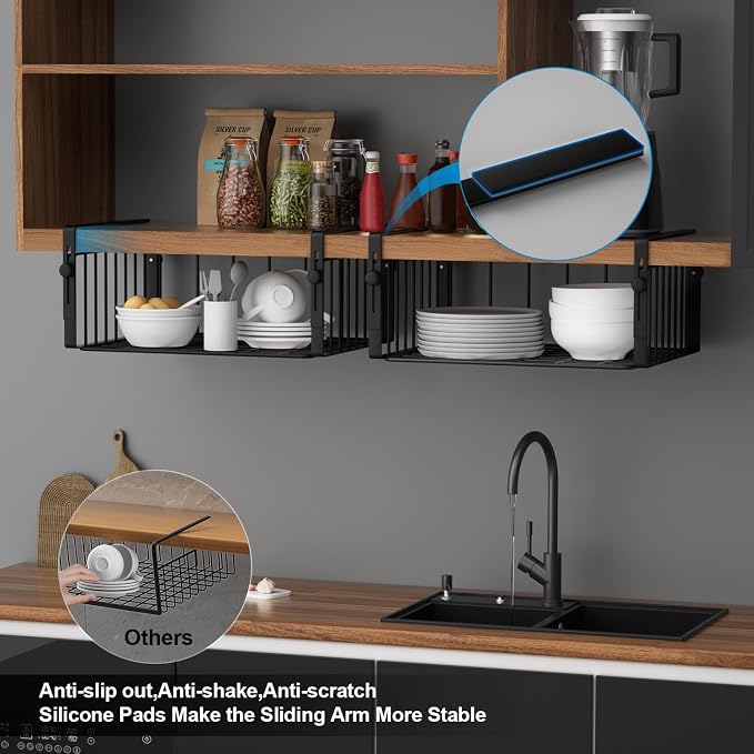 AmonHouseware 2Pack Under Shelf Storage Basket Organizer, Black | Adjustable Hanging,Under Cabinet Add-on, Slide-in Baskets, for Laundry Room Kitchen Pantry Desk Bookshelf Counter Cupboard