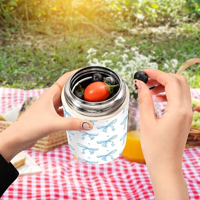 Blue Ribbon Bow Vacuum Insulated Food Jar with Spoon, 17oz Stainless Steel Hot Cold Lunch Container, Wide Mouth Leakproof Soup Thermo for Kids Adults