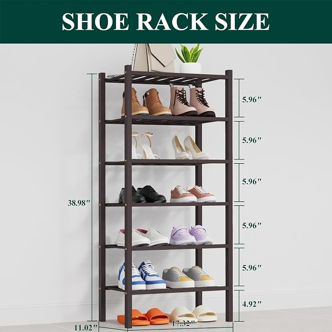 Smiry Small Bamboo Shoe Rack, 6 Tier Free Standing Wooden Shoe Organizer, Stackable Wood Shoe Storage Shelf for Closet, Entryway, 14 Vertical Slats, 2+2+2 Stack Thicker Legs, 17.3"x11"x39", Brown