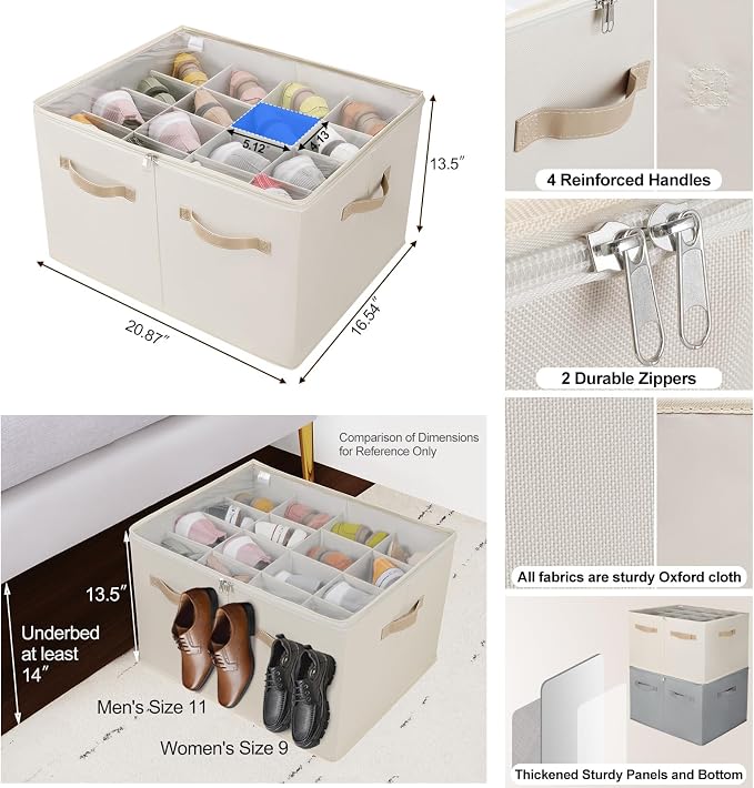 TOPIA HOME Shoe Organizer for Closet, Foldable Shoe Box with Adjustable Dividers and Clear Cover, Space Saving Shoe Storage Organizer Cabinet with Reinforced Handles, Fits 16 Pairs, Beige TP09Y