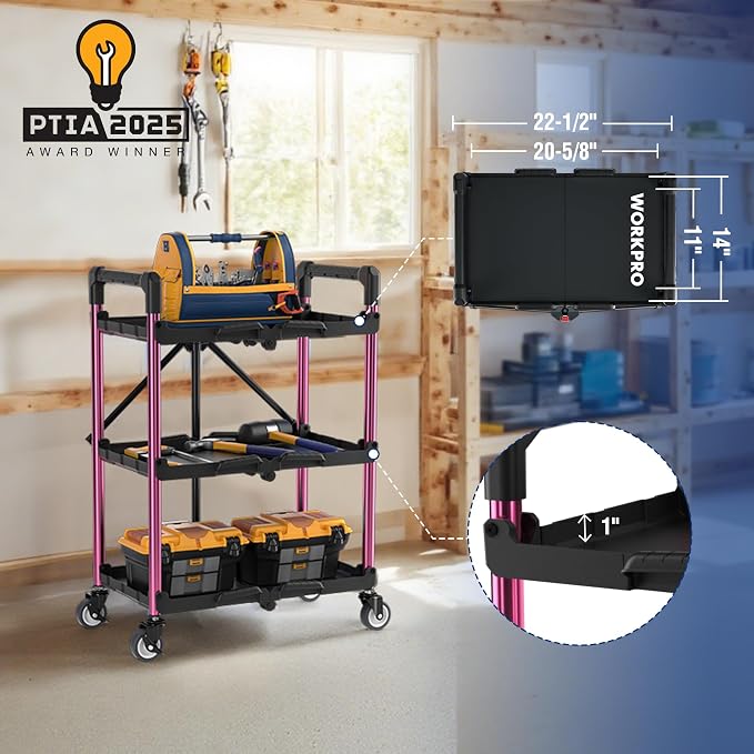WORKPRO 3-Tier Collapsible Service Cart, Black/Pink, 210 LBS Foldable Utility Cart with Wheels, Portable Rolling Tool Cart for Garage, Warehouse, Home, Restaurant and Office (No Assembly Required)